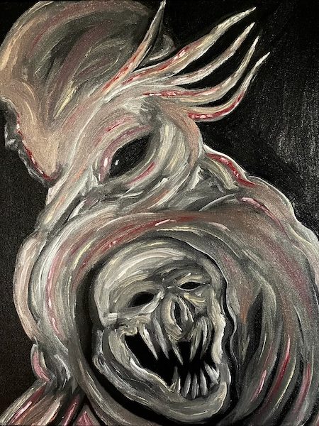 A painting of a creature with a leering, toothy skull in its wing
