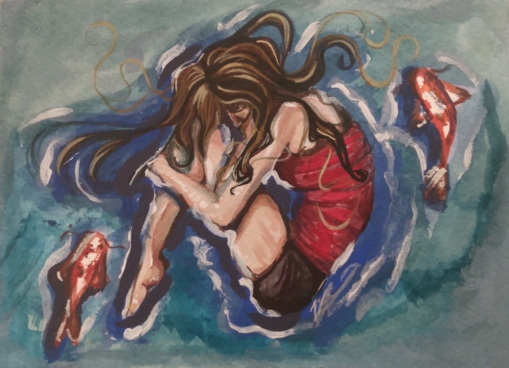 A woman in the fetal position floating in water with two koi fish circling her