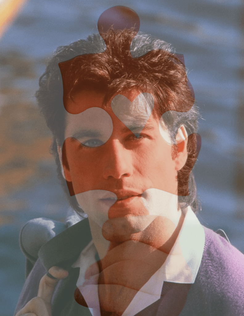 Person Holding Orange Puzzle Piece overlaid on top of a photo of John Travolta