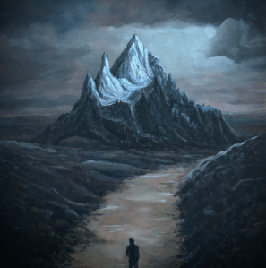 a painting of a mountain, with a man following a path to it.